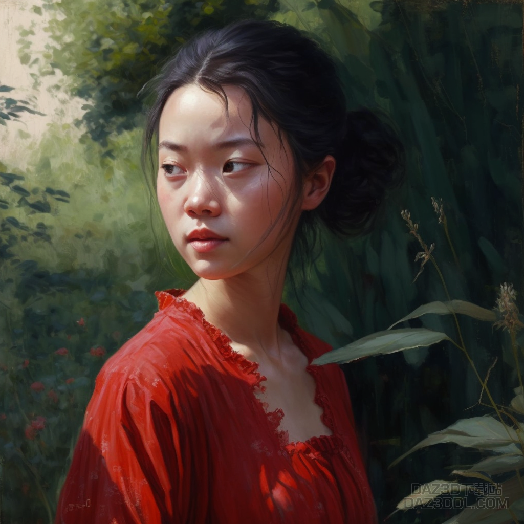 中国姑娘，红连衣裙，略带笑容，回忆，若有所思，阳光明媚的早晨、花园，细微的面部1.png
