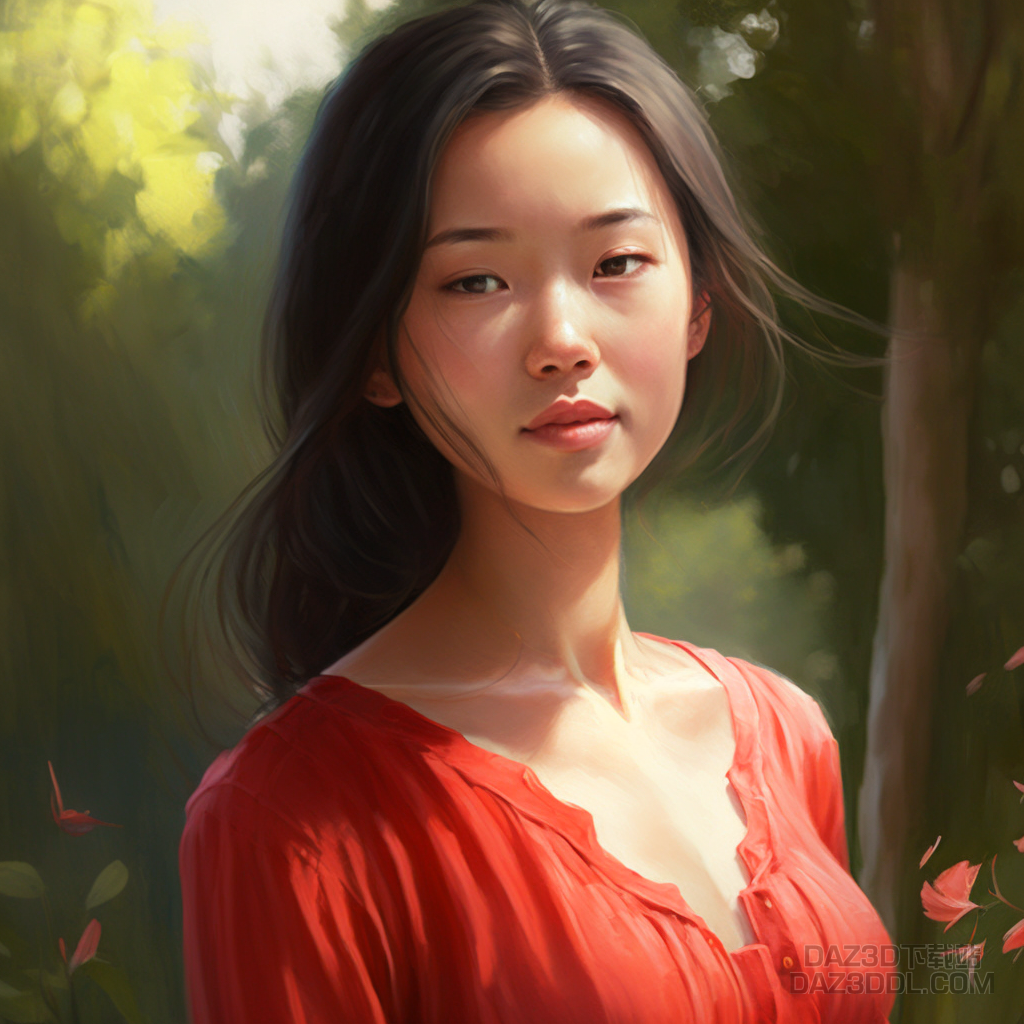 中国姑娘，红连衣裙，略带笑容，回忆，若有所思，阳光明媚的早晨、花园，细微的面部.png
