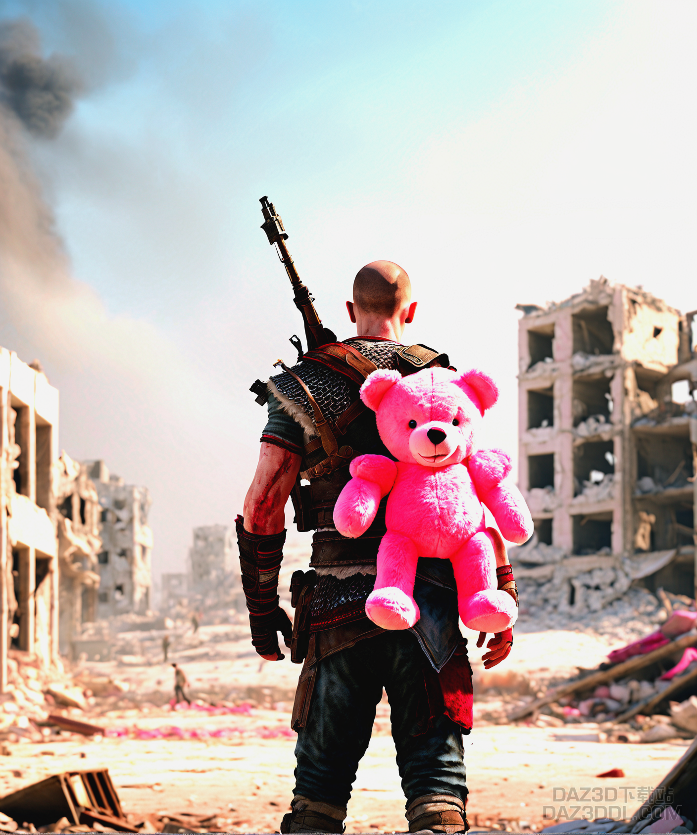 00461-1971637442-god of war, standing, holding a pink teddy bear, against the backdrop of the (ruined Gaza Strip city_1.331),style of Palestine,f.png