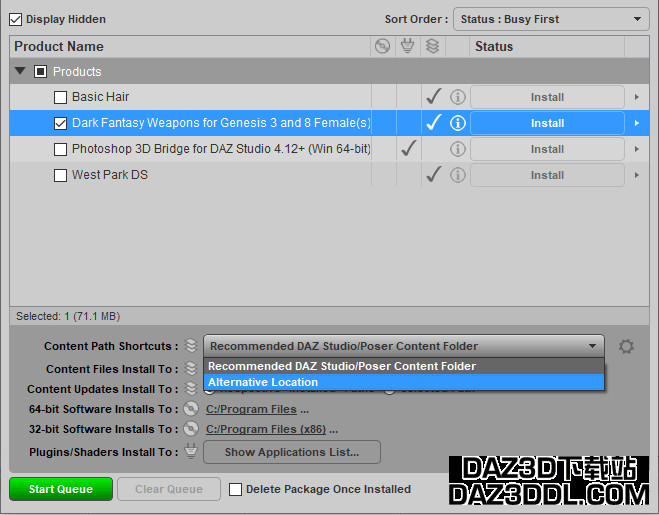 daz3d install manager showing custom content path