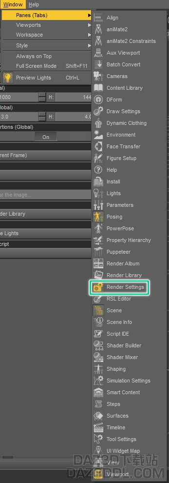 How to enable Render Settings inside daz studio