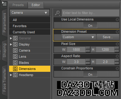 daz3d camera dimension setting