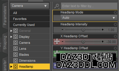 daz studio headlamp settings