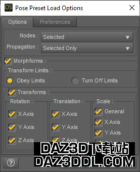 pose preset load options in daz studio