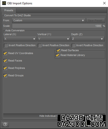 import settings obj file scale daz3d