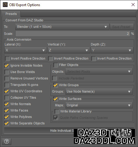 daz3d obj export options