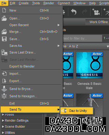 Daz Studio 文件发送到 Unity 菜单