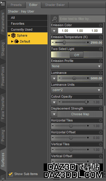 Daz3D 发光着色器设置