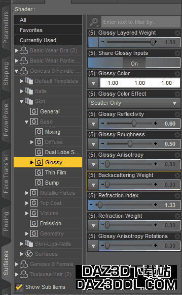Daz Studio 肤色光泽
