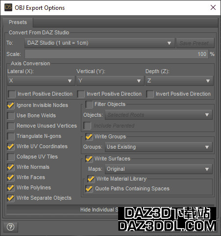 daz3d obj 导出选项