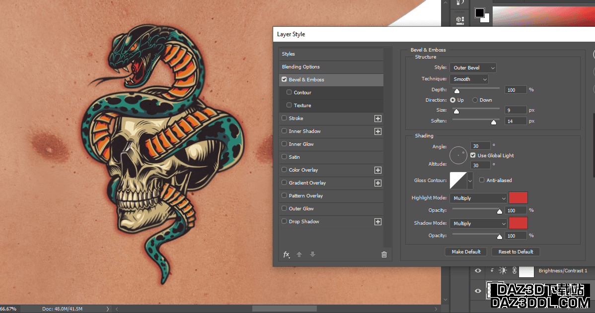daz photoshop 应用斜面和浮雕纹身