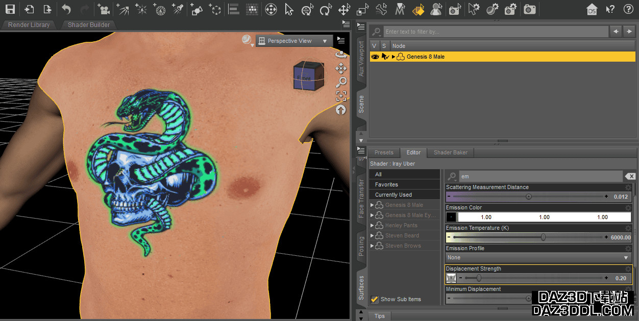 Daz Studio 视口自定义发光贴图 UV 纹身
