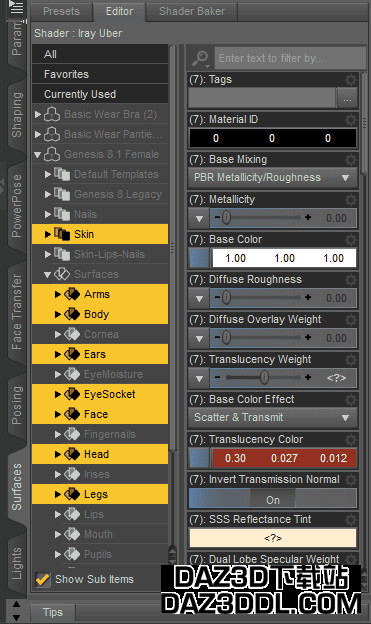 daz genesis8.1 skin settings
