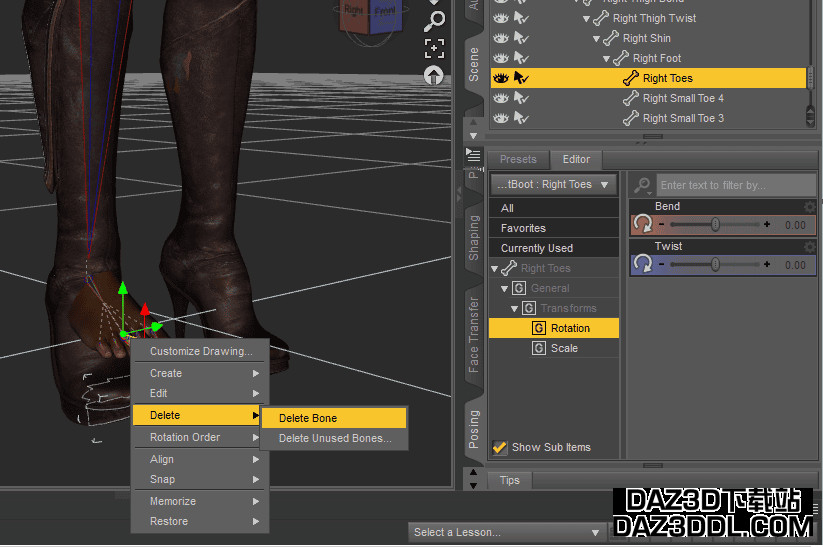 daz3d delete bone footwear joint editor