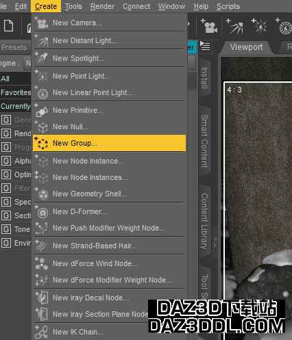 daz 3d option create new group