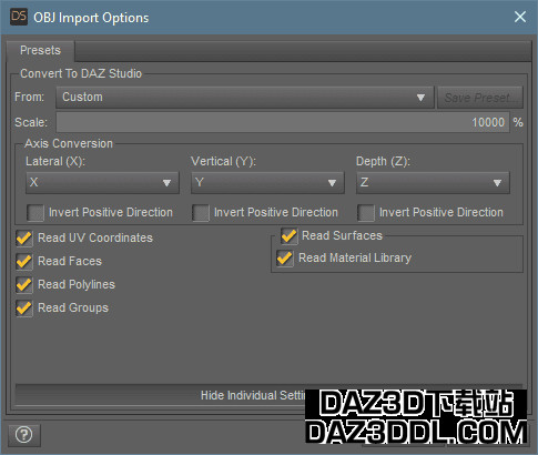 daz3d clothes import options