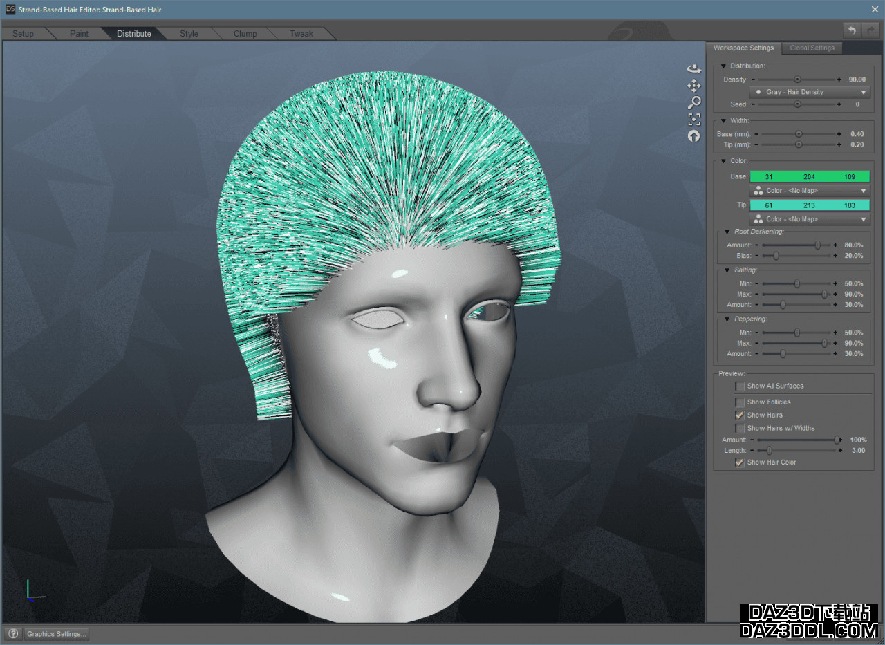 daz3d strand based hair deistribute color