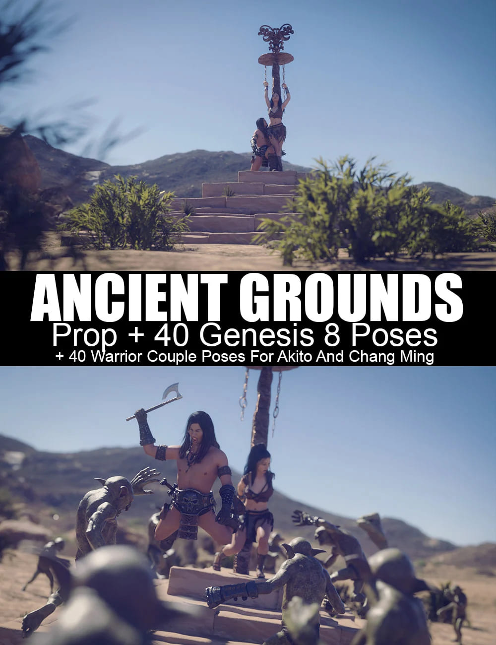 Ancient Grounds and 40 Poses for Genesis 8 and Warrior Couple_DAZ3D下载站