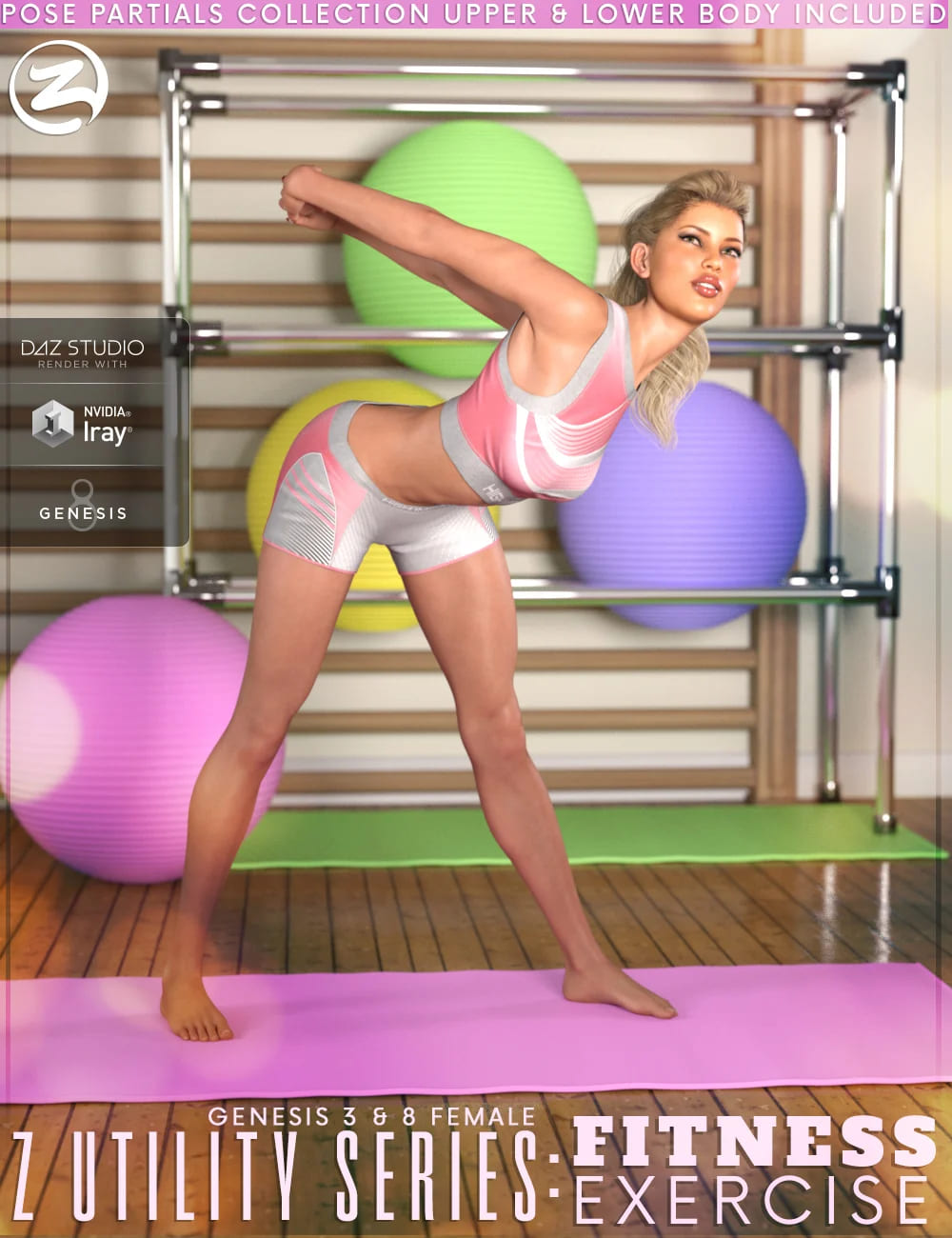 Z Utility Series : Fitness Exercise – Poses and Partials for Genesis 3 and 8 Female_DAZ3D下载站