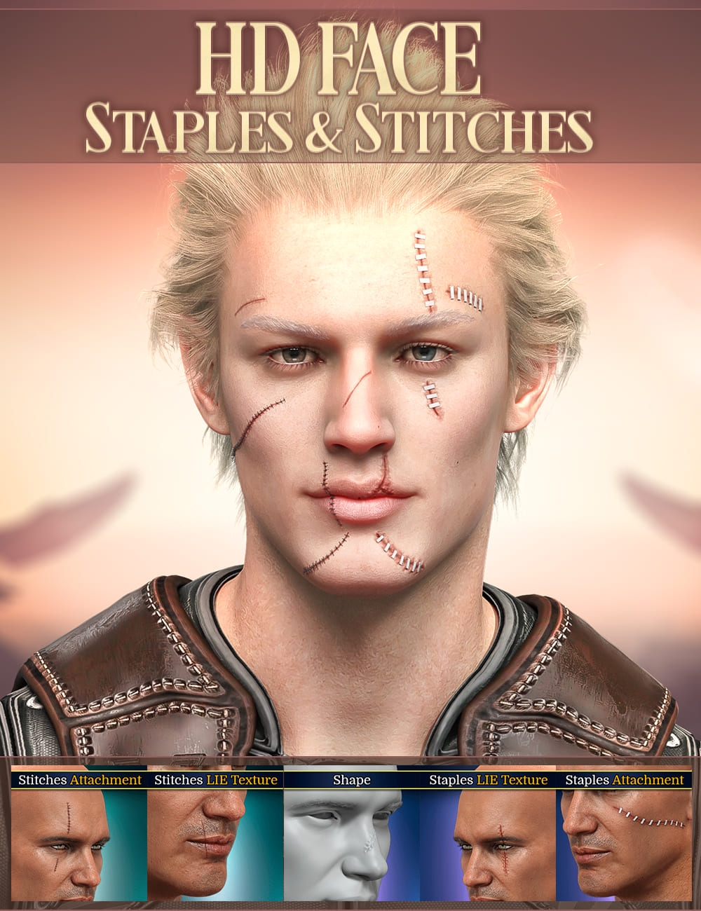 HD Face Staples and Stitches for Genesis 8 Males_DAZ3D下载站