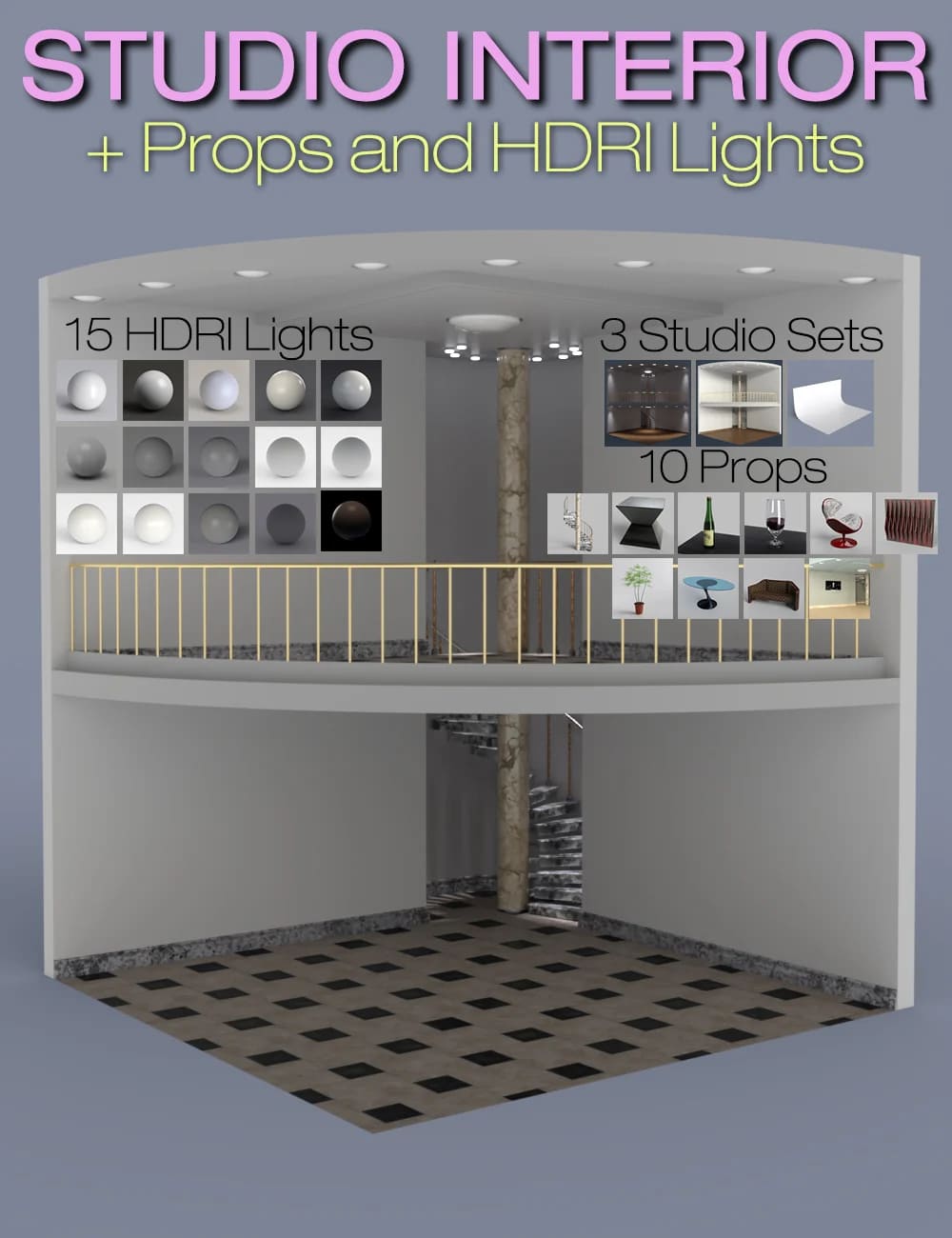 S3D Staircase Studio Interior Sets, Props and HDRI Lights_DAZ3D下载站