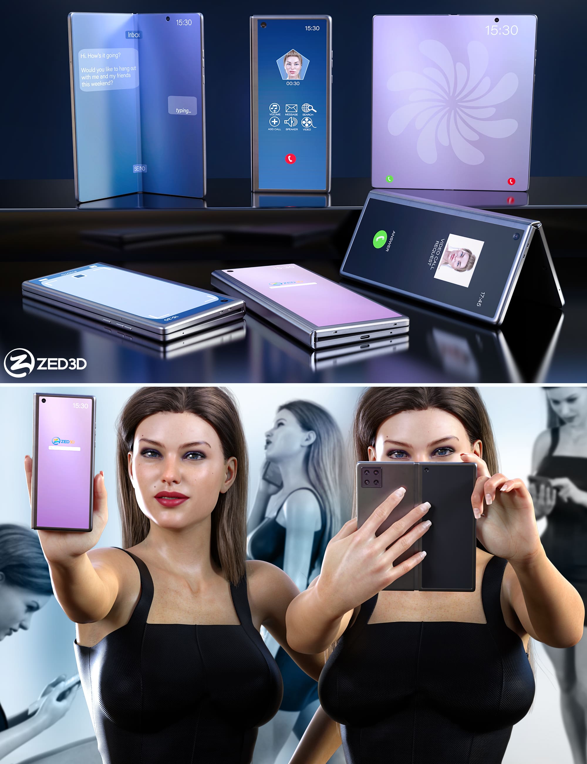 Z Folding Smartphone and Poses Mega Set for Genesis 8 and 8.1 Female_DAZ3D下载站