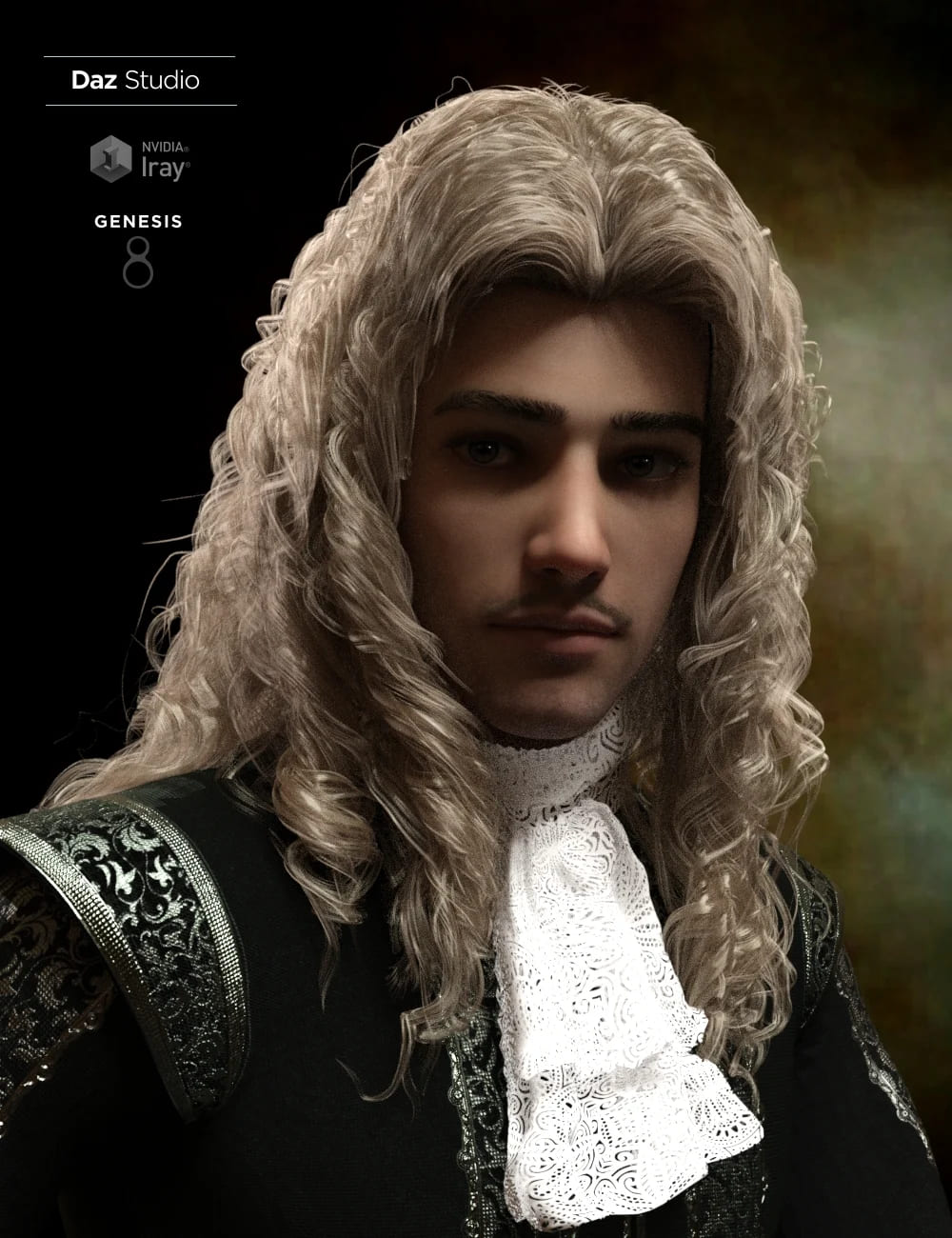 Fouquet Loose Curls Wig and Thin Mustache for Genesis 8.1 Males_DAZ3DDL