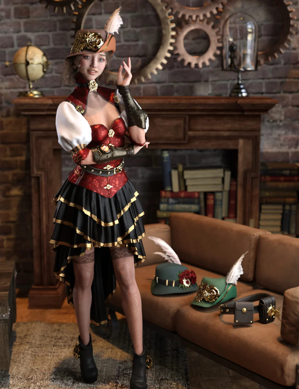 KuJ dForce Steampunk Skirt Outfit for Genesis 8 and 8.1 Females_DAZ3D下载站