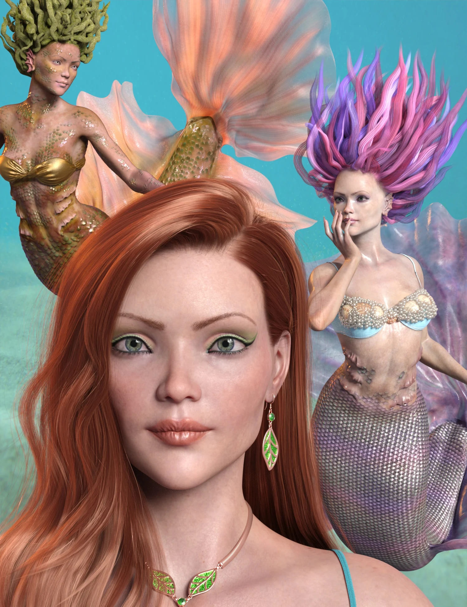 Marina Mermaid Triplet for Genesis 8.1 Female and Coral 8.1 Tail_DAZ3DDL