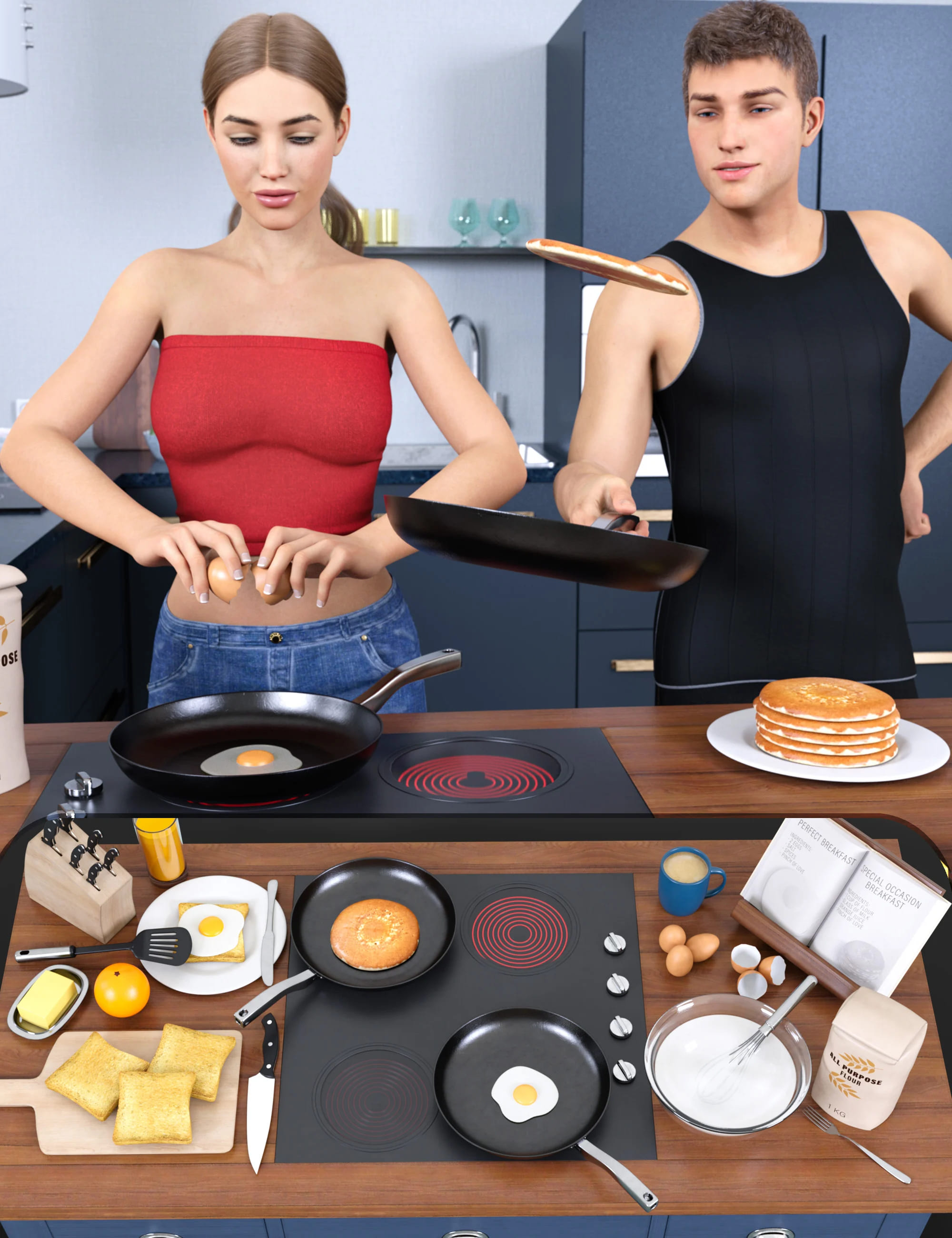 Z Let’s Make Breakfast Props and Poses for Genesis 8 and 8.1_DAZ3D下载站