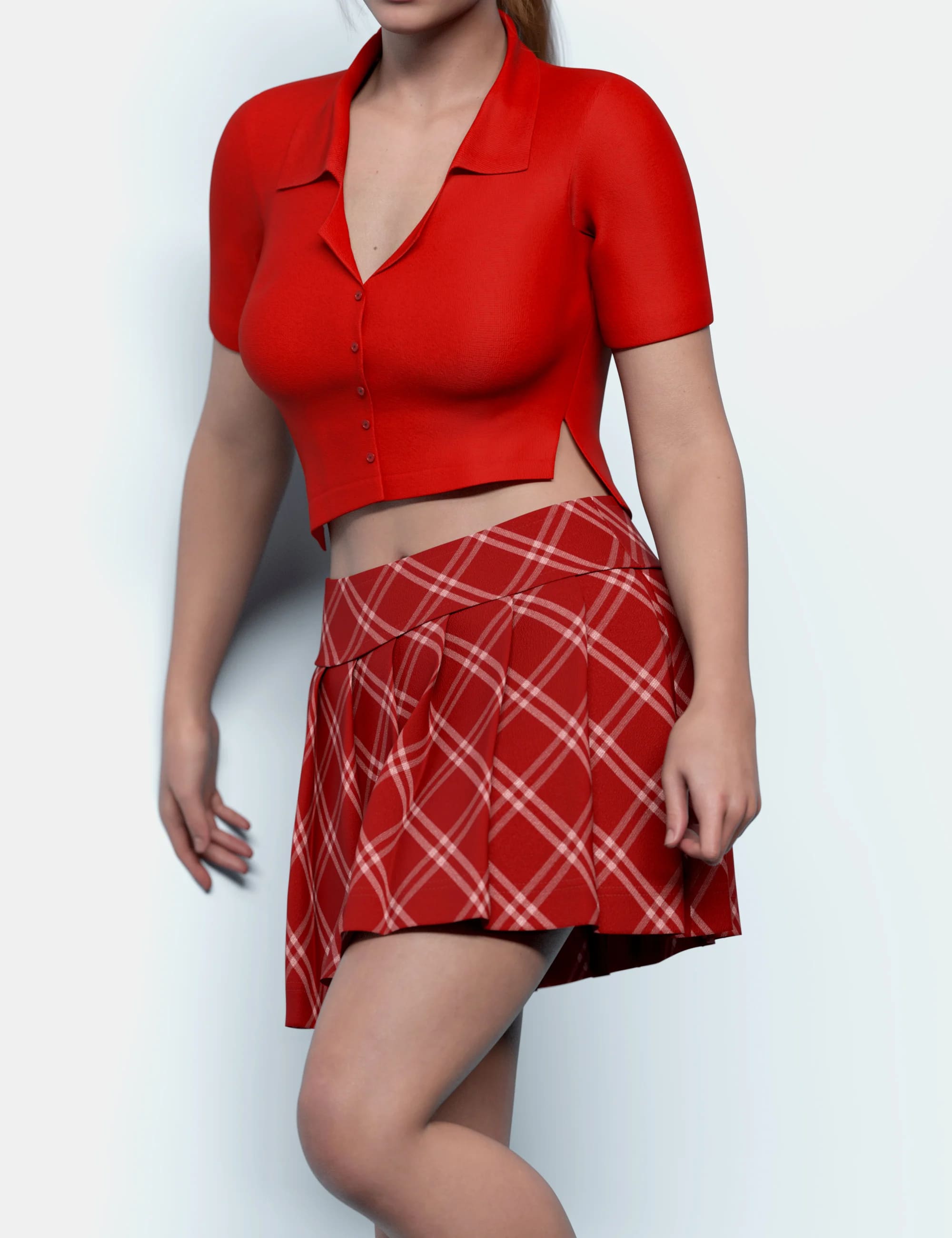dForce Buttoned Crop Shirt and Pleated Skirt for Genesis 9_DAZ3D下载站