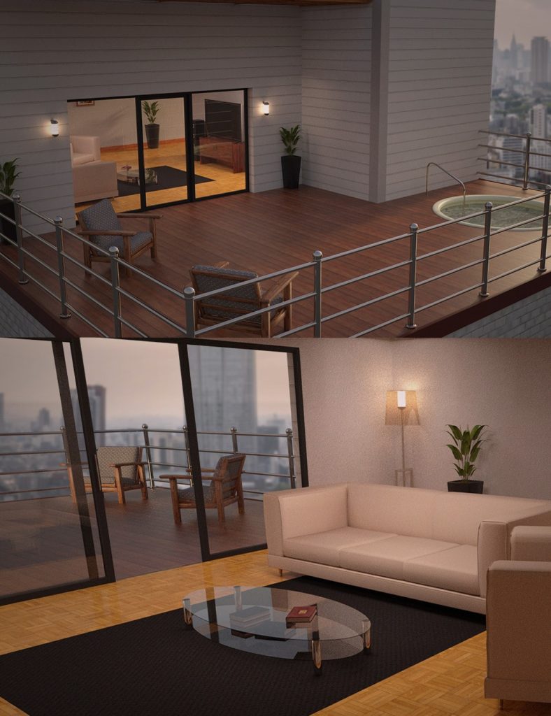 Apartment Living Room and Patio Jacuzzi_DAZ3D下载站