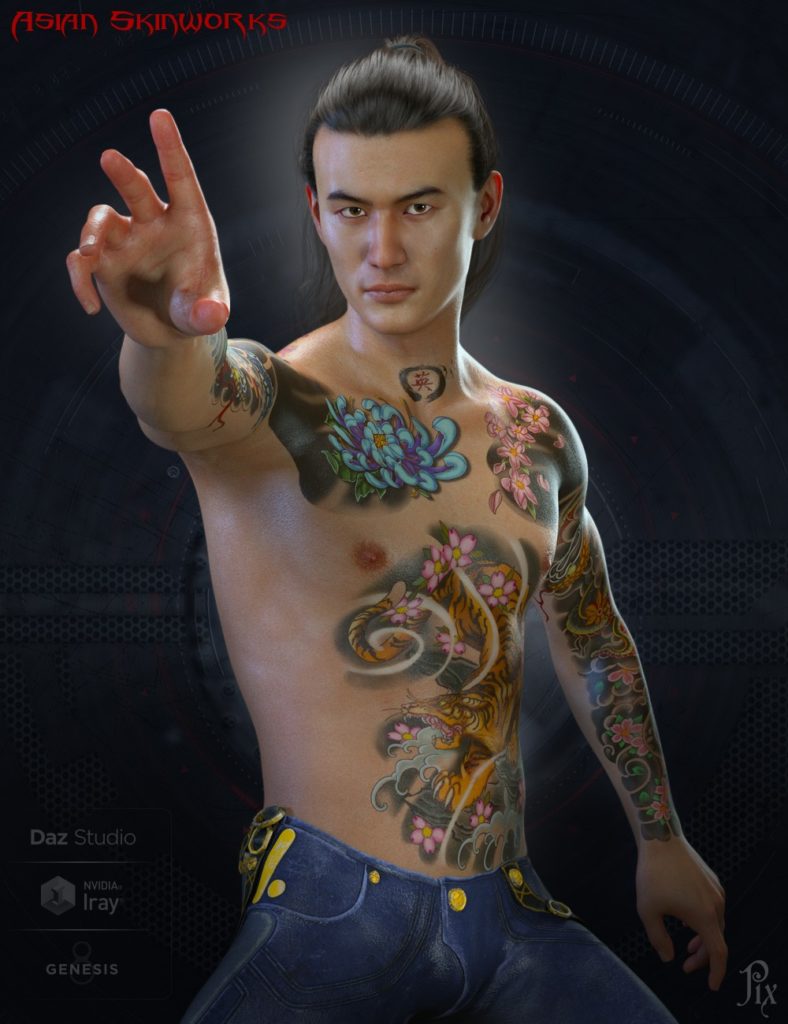 Asian SkinWorks L.I.E. Tattoos for Genesis 3 and 8 Male(s)_DAZ3D下载站