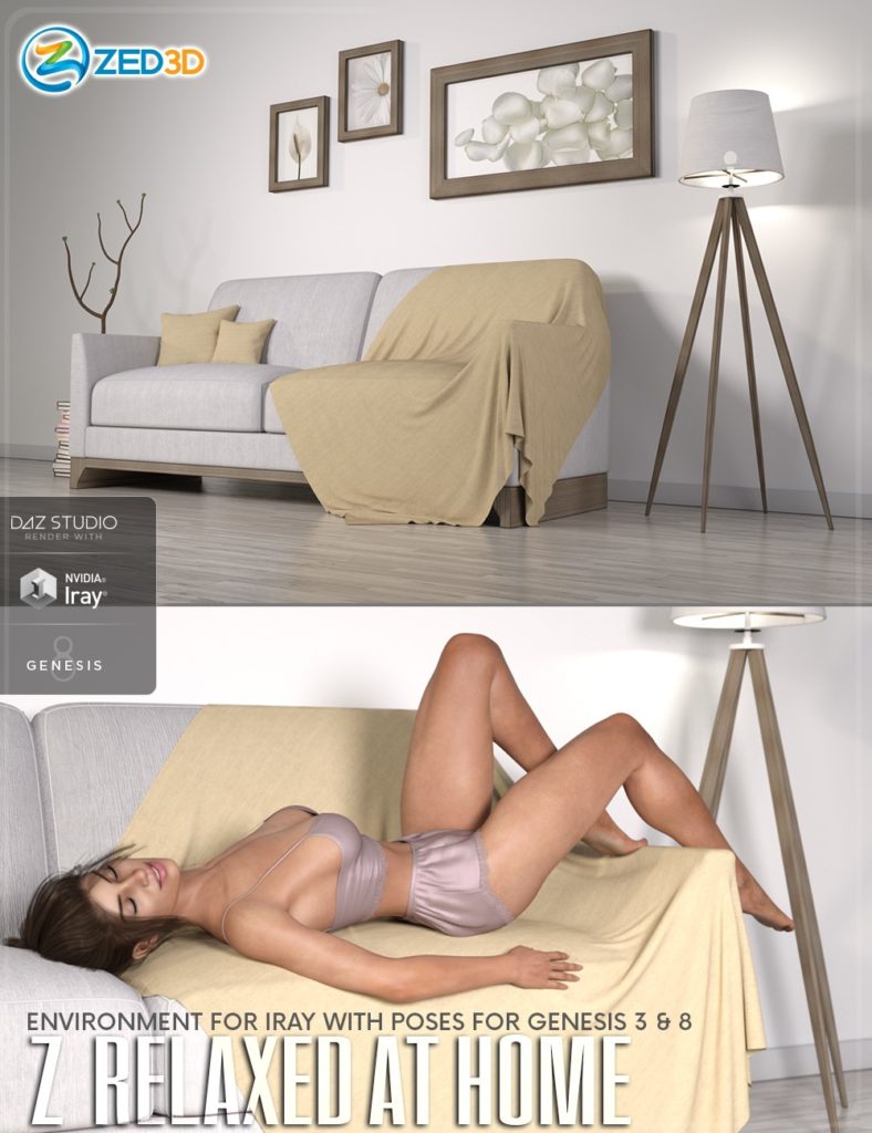 Z Relaxed at Home – Indoor Environment with Poses for Genesis 3 and 8_DAZ3D下载站