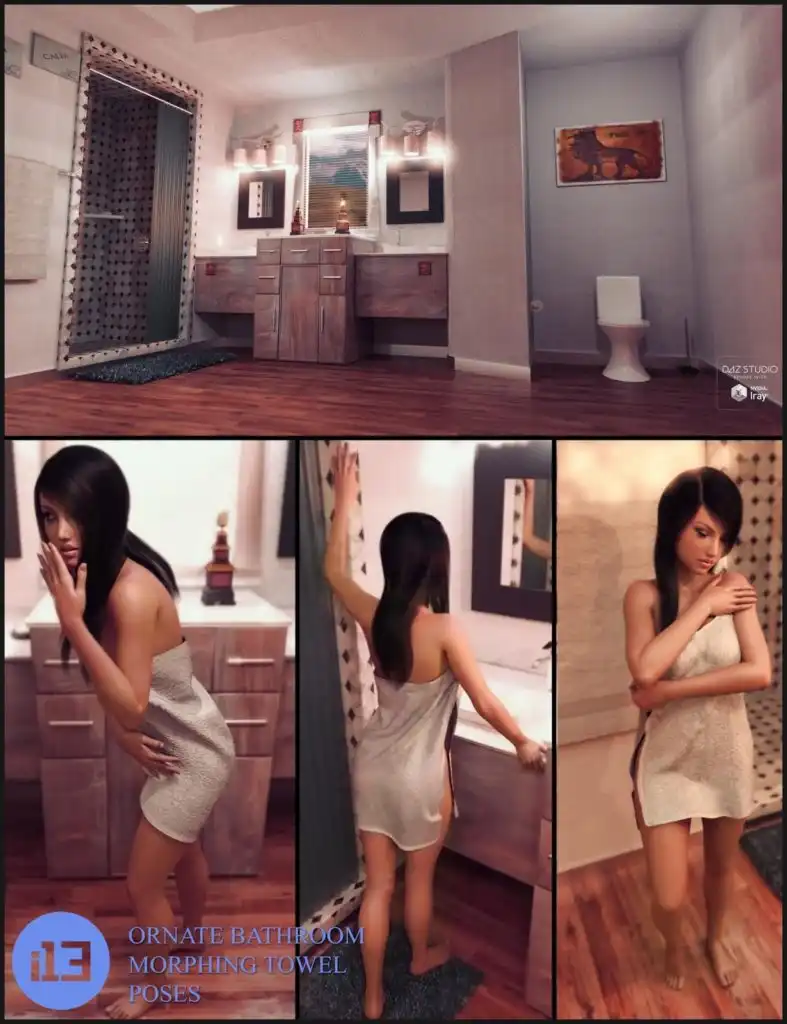 i13 Ornate Bathroom with Morphing Towel and Poses_DAZ3D下载站