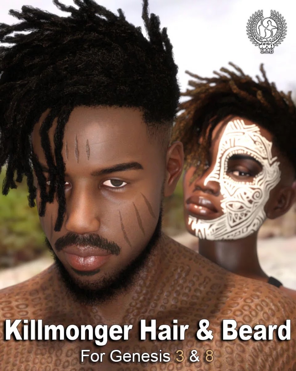 Killmonger Hair and Beard for Genesis 3 and 8_DAZ3D下载站