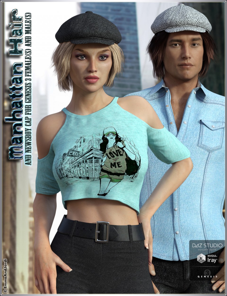 Manhattan Hair and Newsboy Cap for Genesis 3 Female(s) and Male(s)_DAZ3D下载站