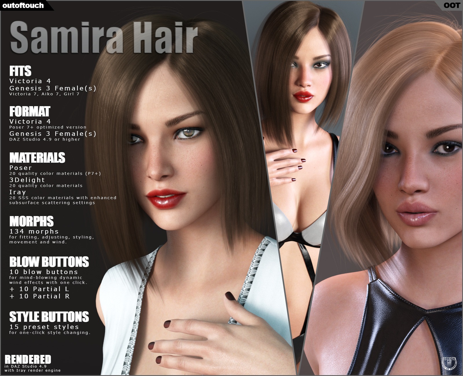 Samira Bob Hair for Victoria 4 and Genesis 3 Females_DAZ3D下载站