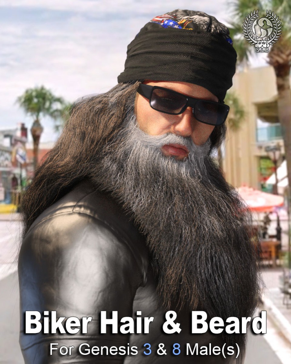 Biker Hair and Beard For Genesis 3 and 8 Male(s)_DAZ3D下载站