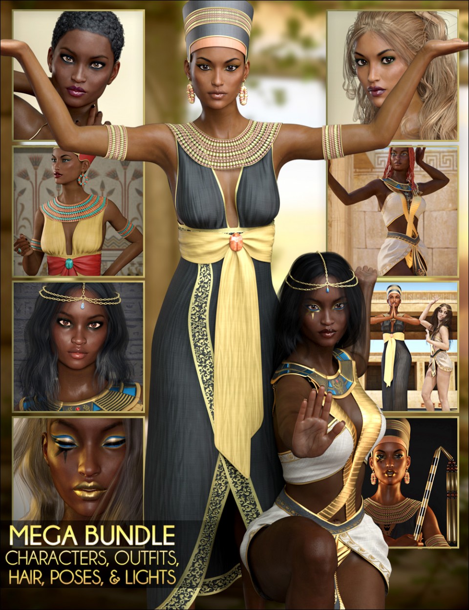 Egyptian MEGA Bundle – Characters, Outfits, Hair, Poses and Lights_DAZ3D下载站