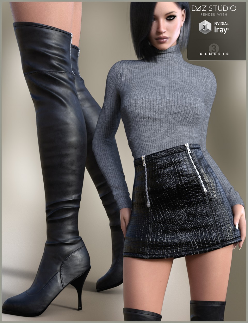 Leather Skirt Outfit for Genesis 3 Female(s)_DAZ3D下载站