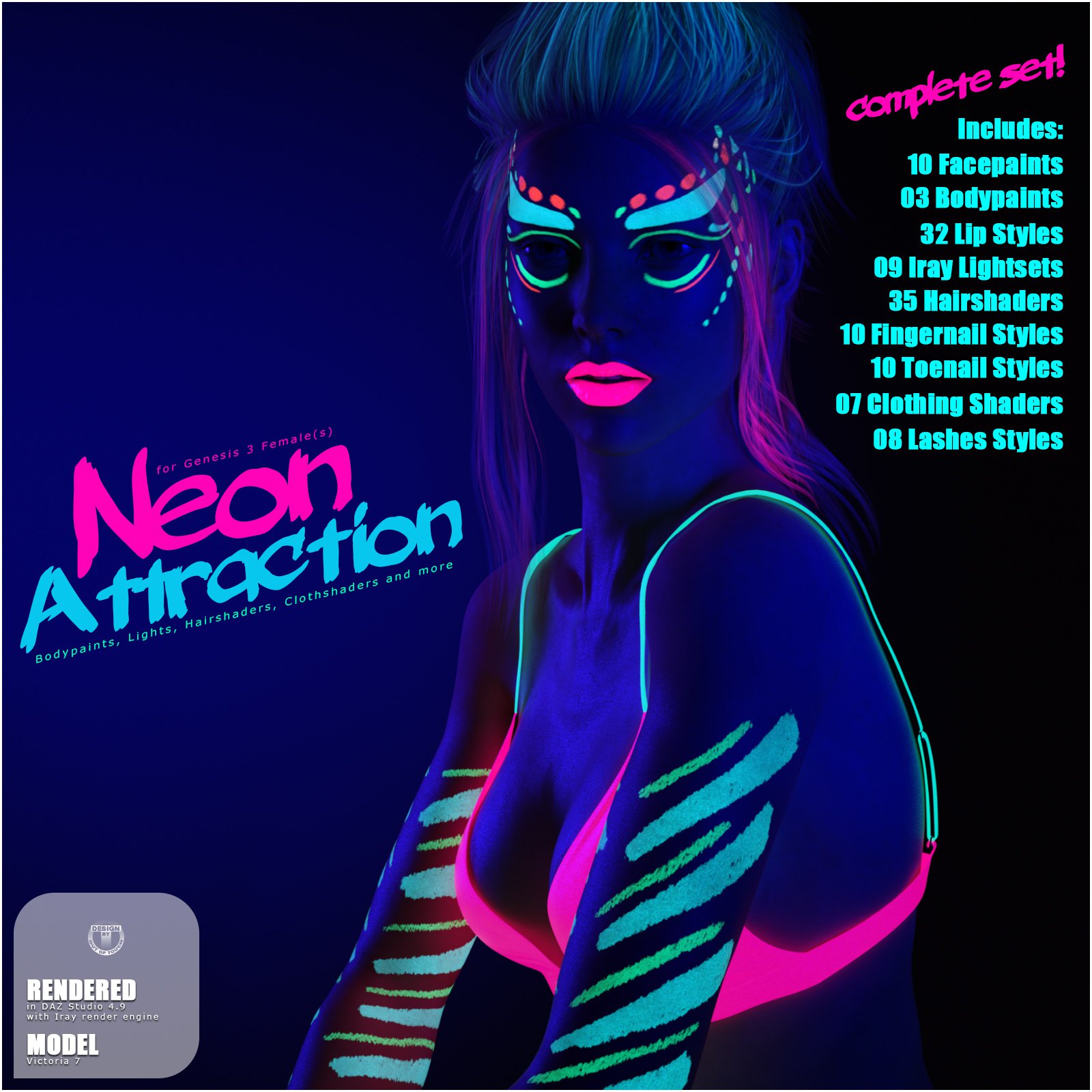 Neon Attraction: Bodypaints, Lights and Shaders for Genesis 3 Females_DAZ3DDL