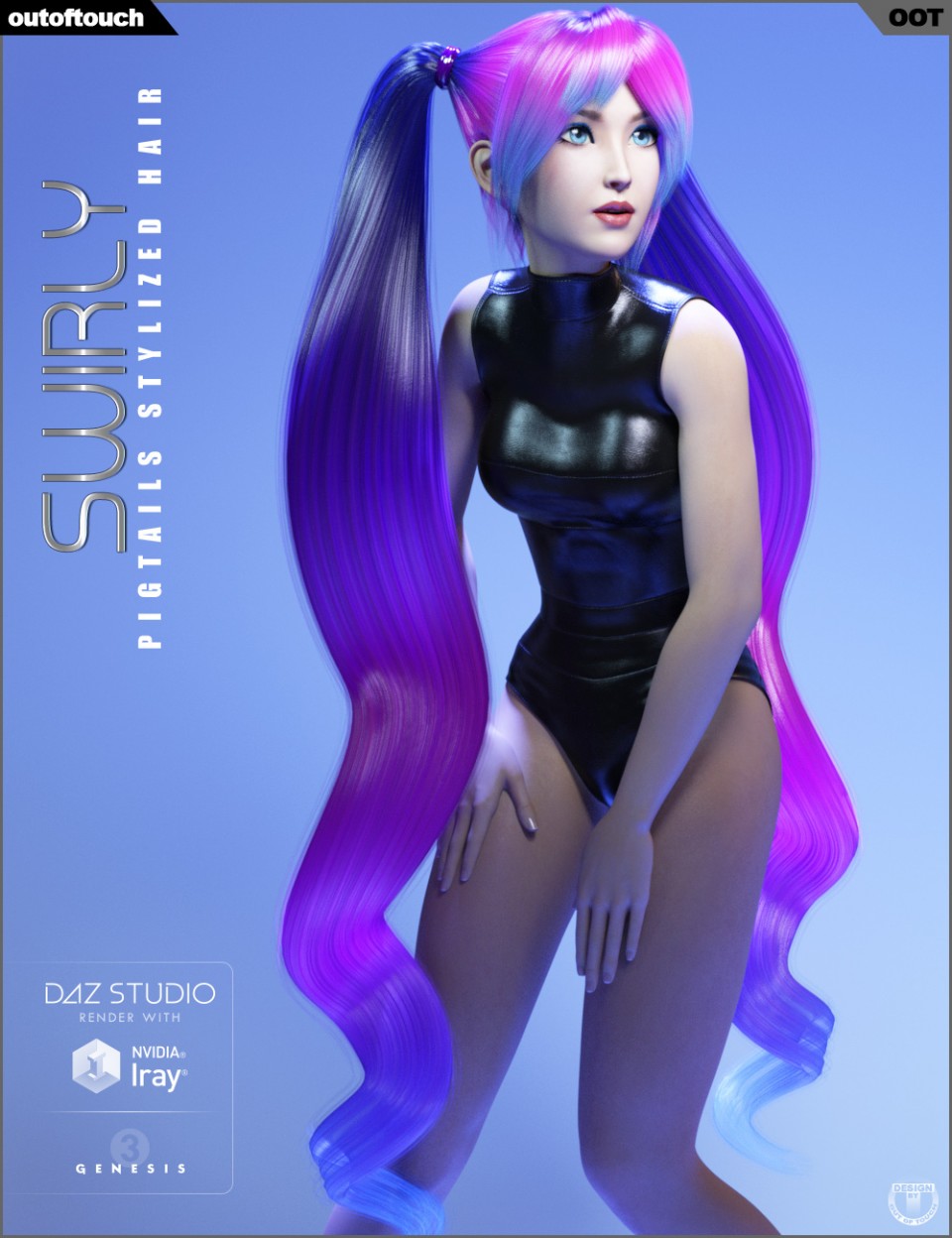 Swirly Pigtails Stylized Hair for Genesis 3 Female(s)_DAZ3D下载站