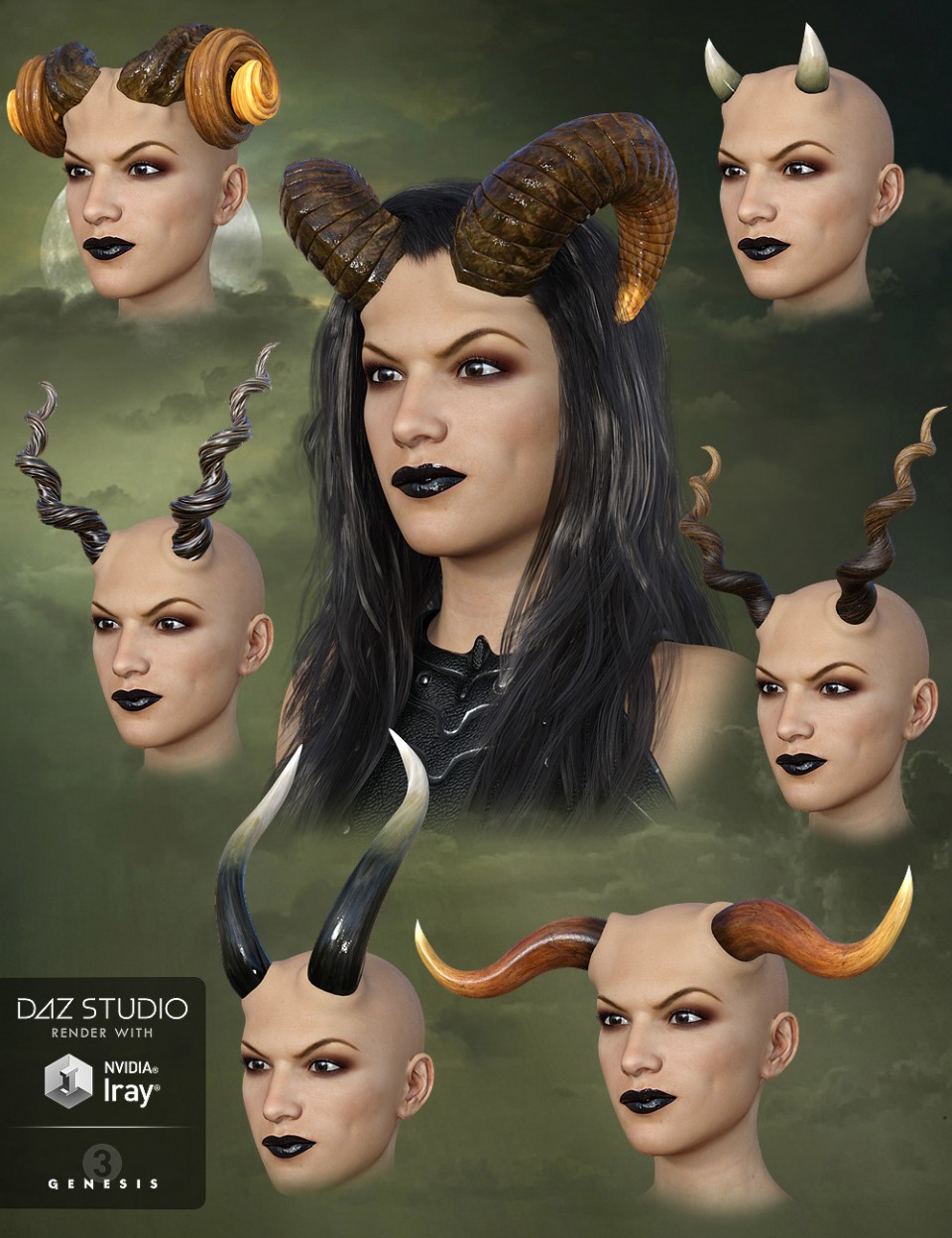 Universal Horns for Genesis 3 Female(s)_DAZ3D下载站