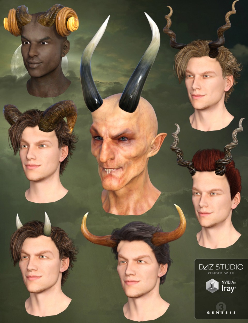 Universal Horns for Genesis 3 Male(s)_DAZ3D下载站