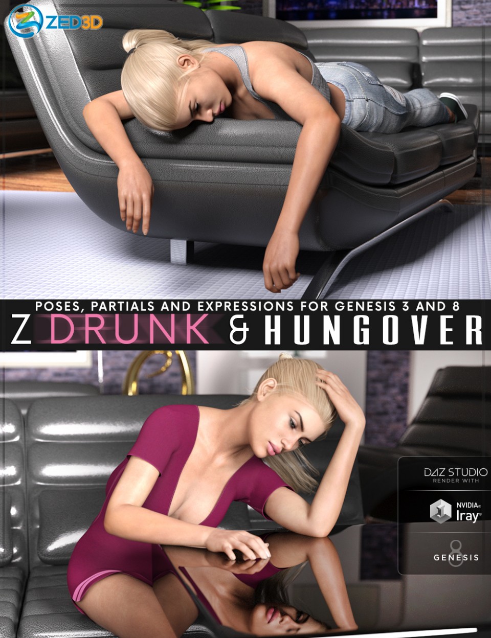 Z Drunk and Hungover – Poses with Partials and Expressions for Genesis 3 and 8_DAZ3DDL