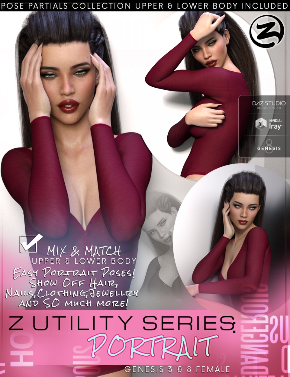 Z Utility Series: Portrait – Poses with Partials for Genesis 3 & 8 Female_DAZ3D下载站