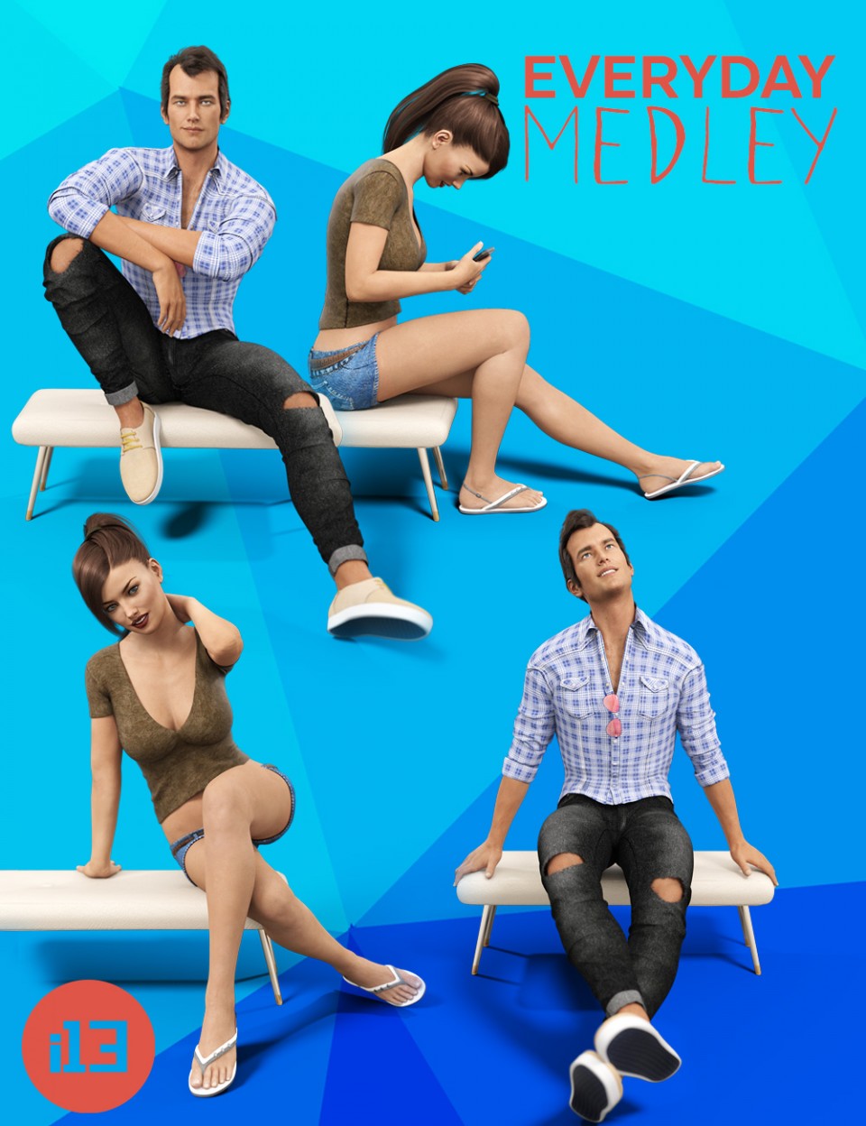 i13 Everyday Medley Poses and Furniture for Genesis 3 Female(s) and Male(s)_DAZ3D下载站