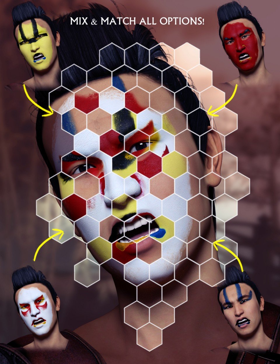 Extreme Closeup: Kabuki Inspired Face Paints for Genesis 3 Male(s)_DAZ3D下载站