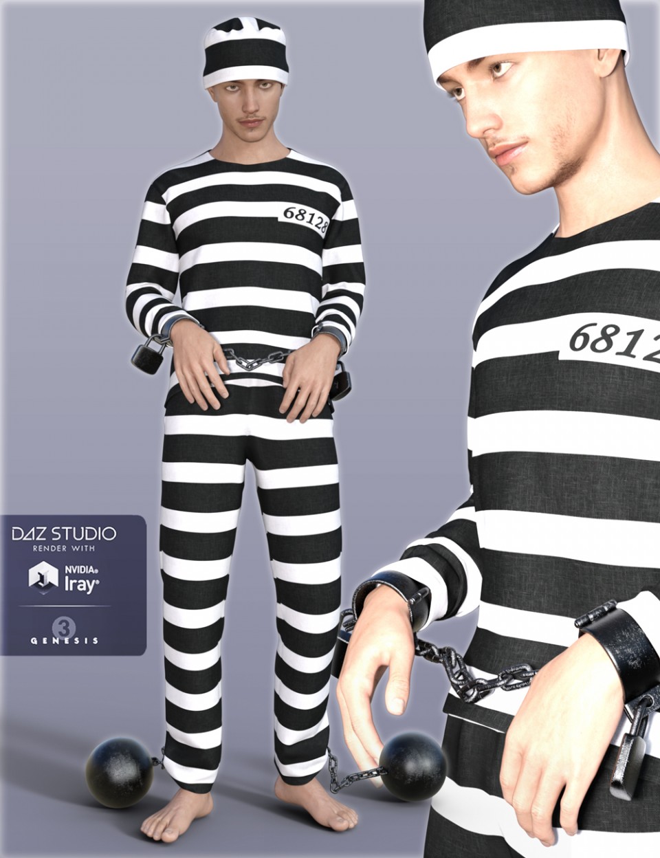 H&C Prisoner Clothing and Shackles for Genesis 3 Male(s)_DAZ3D下载站